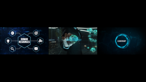 Dreiteiliges Bild mit digitalen Symbolen für Human Resources, Change Management und Leadership – visualisiert die Kernbereiche der Beratung bei Kienast Leadership Consulting