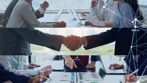 Collage aus Geschäftsgespräch, Handschlag und Analyse von Diagrammen mit digitalen Netzwerklinien, symbolisiert Vertrauen, Zusammenarbeit und datengestützte Beratung bei Kienast Leadership Consulting