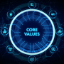 Digitale Darstellung eines leuchtenden Kreises mit der Aufschrift 'Core Values' und Symbolen für Innovation, Führung, Kommunikation und Zielorientierung – steht für unsere zentralen Werte