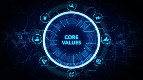 Digitale Darstellung eines leuchtenden Kreises mit der Aufschrift 'Core Values' und Symbolen für Innovation, Führung, Kommunikation und Zielorientierung – steht für unsere zentralen Werte