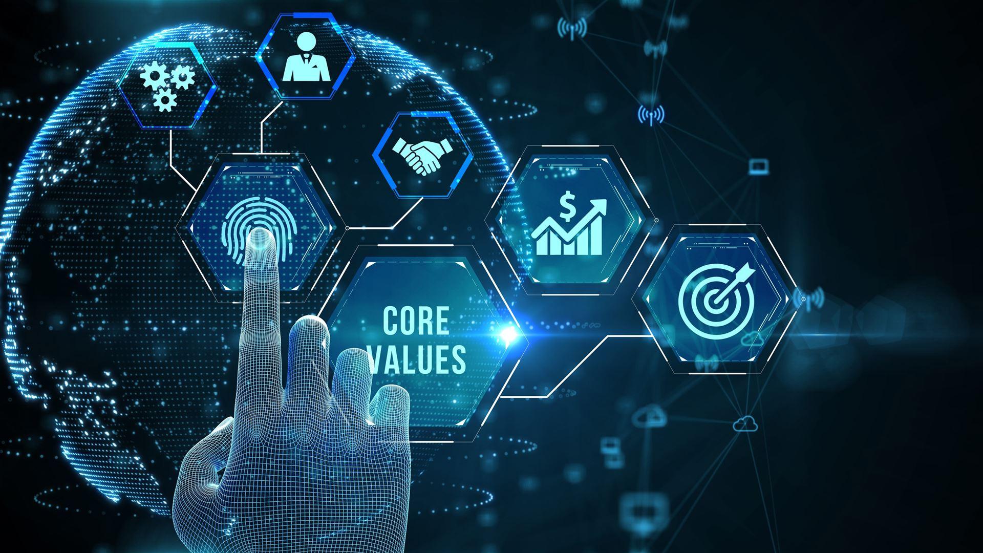Digitale Hand berührt virtuelles Interface mit dem Begriff 'Core Values' und Symbolen für Führung, Zusammenarbeit, Effizienz, Wachstum und Zielorientierung – symbolisiert wertebasiertes Handeln