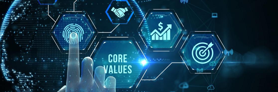 Digitale Hand berührt virtuelles Interface mit dem Begriff 'Core Values' und Symbolen für Führung, Zusammenarbeit, Effizienz, Wachstum und Zielorientierung – symbolisiert wertebasiertes Handeln