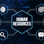 Grafik mit zentralem Begriff 'Human Resources' und Symbolen für Strategie, Innovation, Analyse, Zielorientierung und Effizienz – visualisiert unsere HR-Dienstleistungen