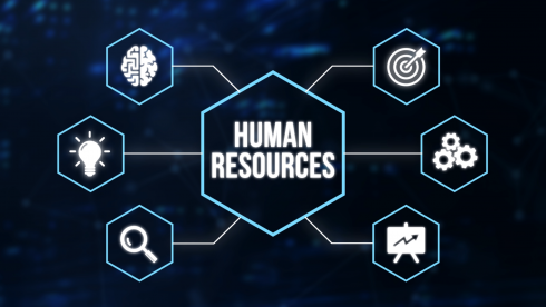 Grafik mit zentralem Begriff 'Human Resources' und Symbolen für Strategie, Innovation, Analyse, Zielorientierung und Effizienz – visualisiert unsere HR-Dienstleistungen