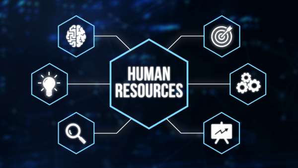 Grafik mit zentralem Begriff 'Human Resources' und Symbolen für Strategie, Innovation, Analyse, Zielorientierung und Effizienz – visualisiert unsere HR-Dienstleistungen