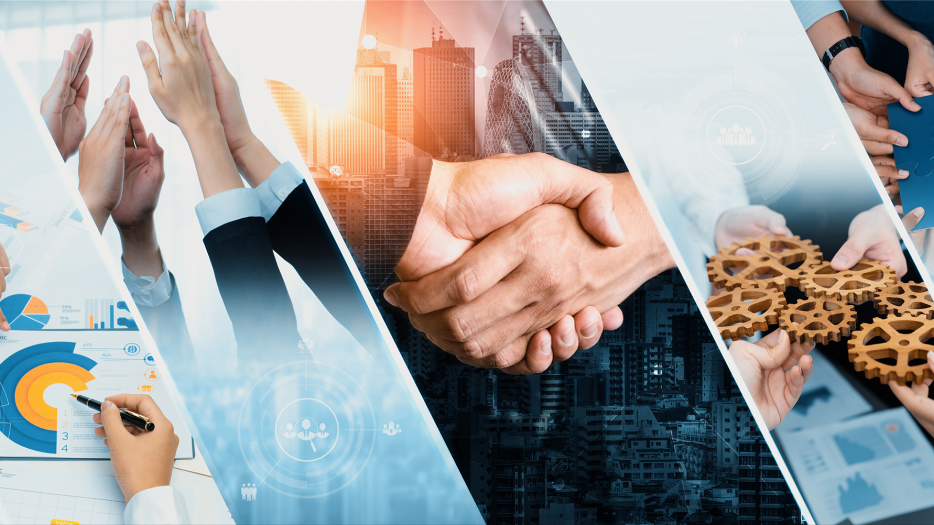 Collage mit Geschäftsanalyse, Teamarbeit, Handschlag, Zahnrädern und Puzzle-Elementen – symbolisiert strategisches Human Resource Management, Kooperation und gemeinsame Zielverfolgung