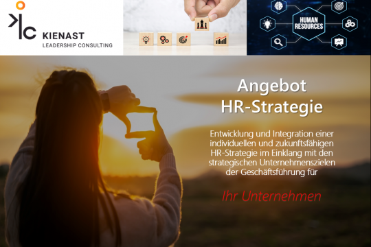 Titelbild des HR-Strategie-Angebots von Kienast Leadership Consulting mit Logo, strategischen Icons und einer Person, die einen Rahmen in den Sonnenuntergang formt