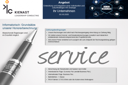 Übersicht der allgemeinen Servicebedingungen und Zahlungsmodalitäten von Kienast Leadership Consulting im Kontext der HR-Beratung