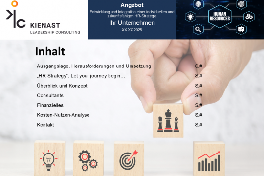 Inhaltsverzeichnis des Angebots zur Entwicklung einer HR-Strategie mit Modulen wie Ausgangslage, Konzept, Consultants, Finanzen und Kosten-Nutzen-Analyse