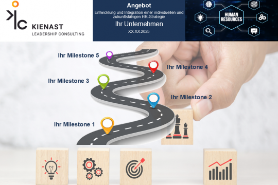 Illustration des Projektverlaufs zur HR-Strategie mit fünf Milestones auf einem kurvigen Pfad, begleitet von Symbolwürfeln