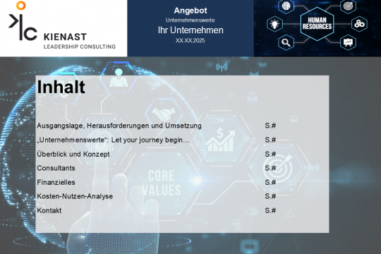 Inhaltsverzeichnis des Angebots Unternehmenswerte mit den Punkten Ausgangslage, Konzept, Consultants, Finanzen und Kontakt