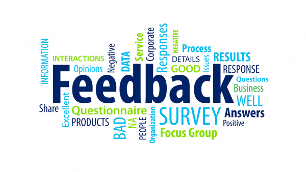 Wortwolke rund um das Thema Feedback mit Begriffen wie Survey, Response, Questionnaire, Positive, Negative und Results – symbolisiert die Bedeutung von Rückmeldungen in Unternehmen